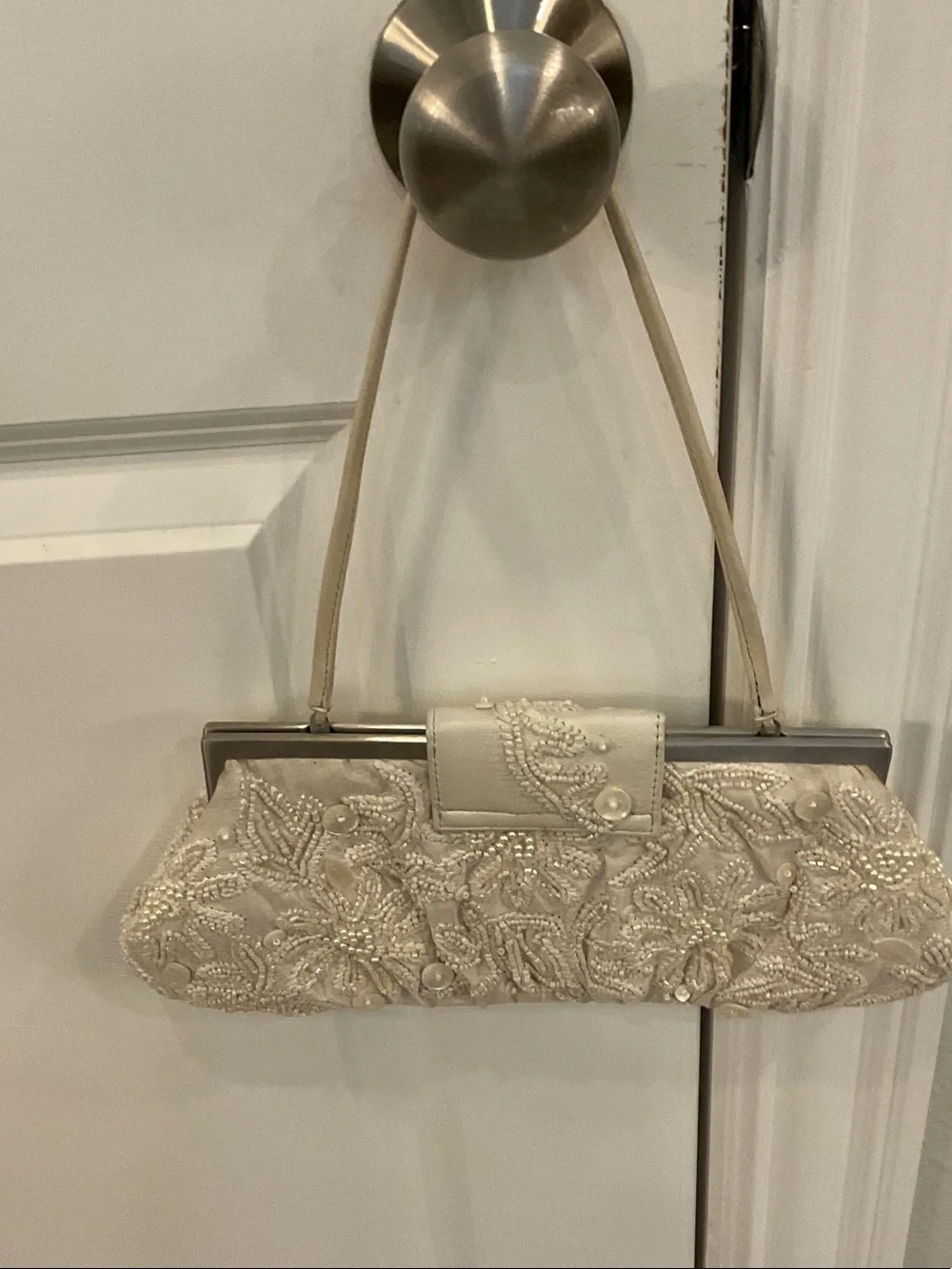 Beaded Cream Floral Evening Clutch with Strap